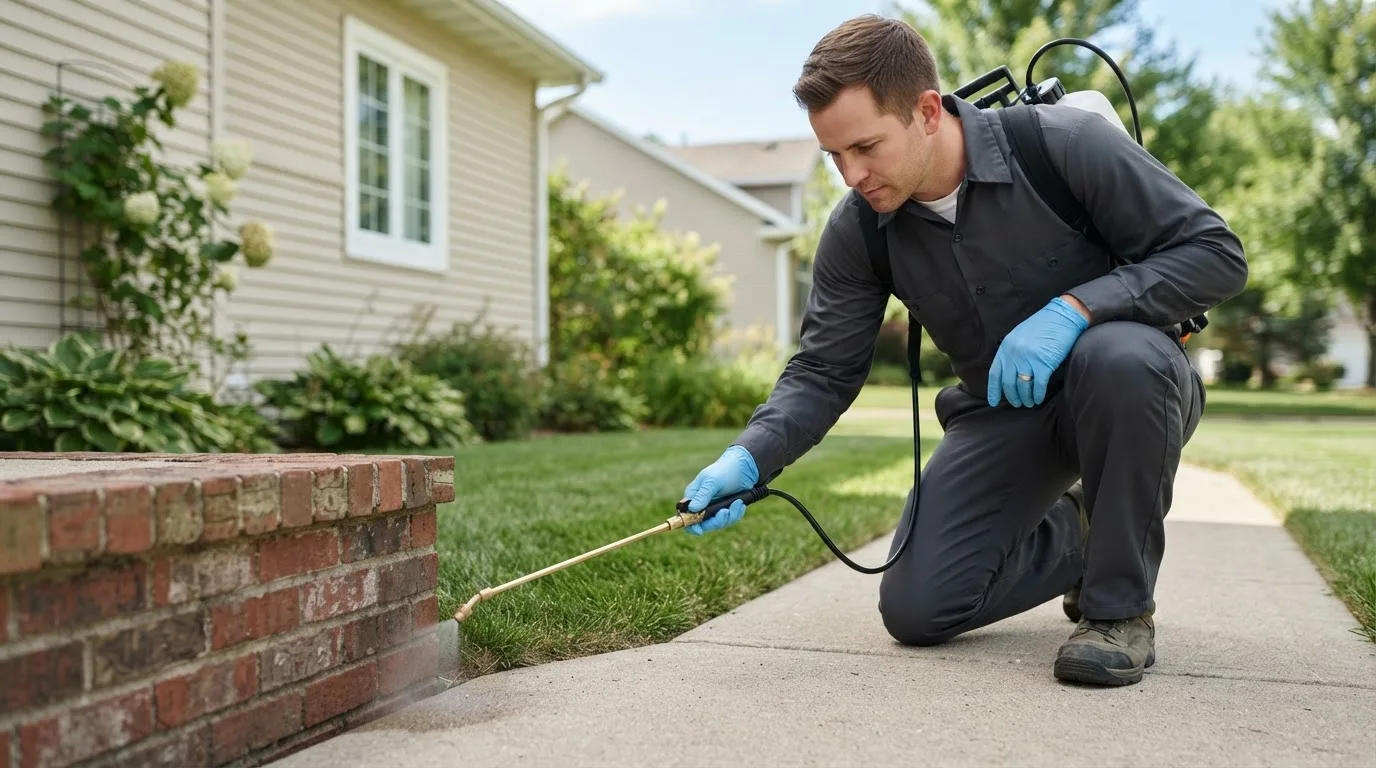Pest control technician treating a home near Harvey, AR
